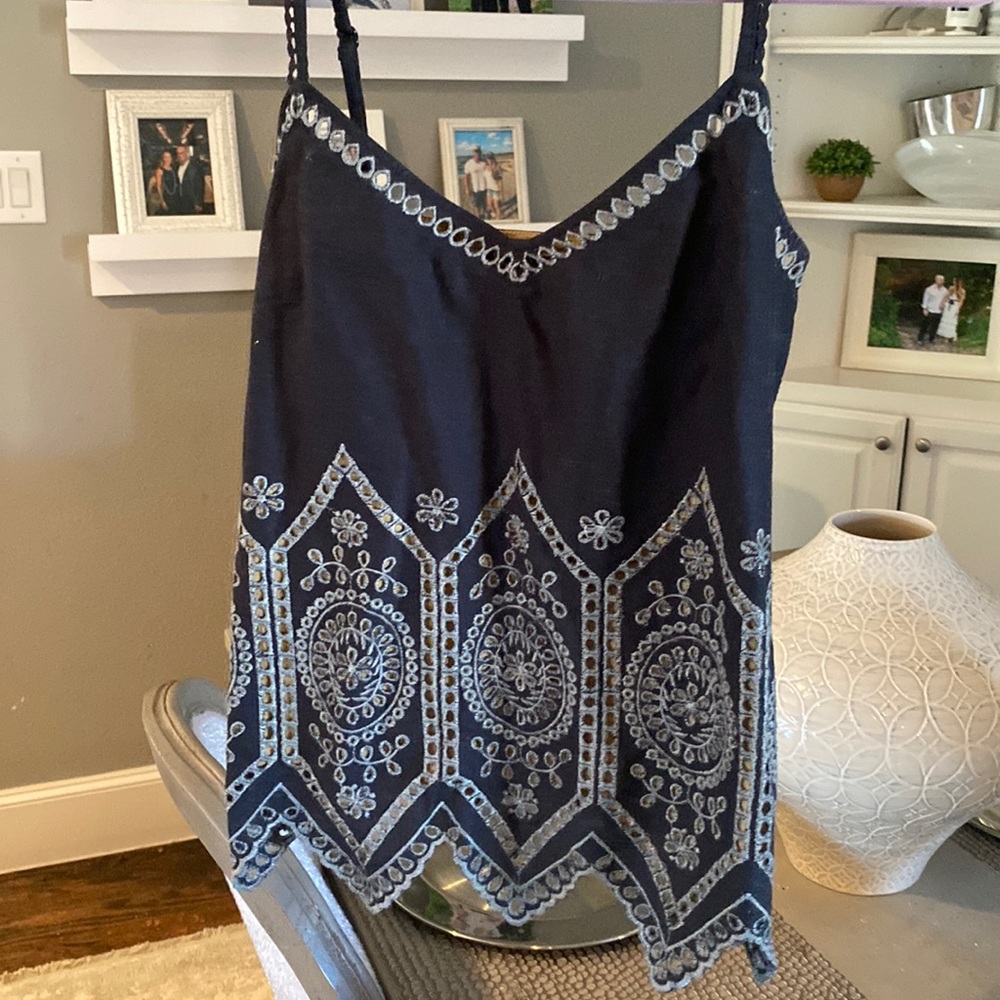 French Connection blue embroidered Cami top with adjustable straps.